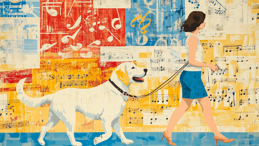 samiamiamsam_a_print_of_a_woman_walking_her_Great_pyreneese_Lab_ad3d9587-56b7-4c2d-8df7-92b660510d26