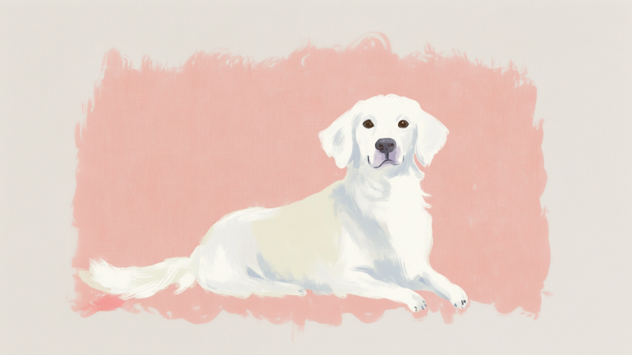Cute white great pyrenees and Labrador mixed mutt against a pink background