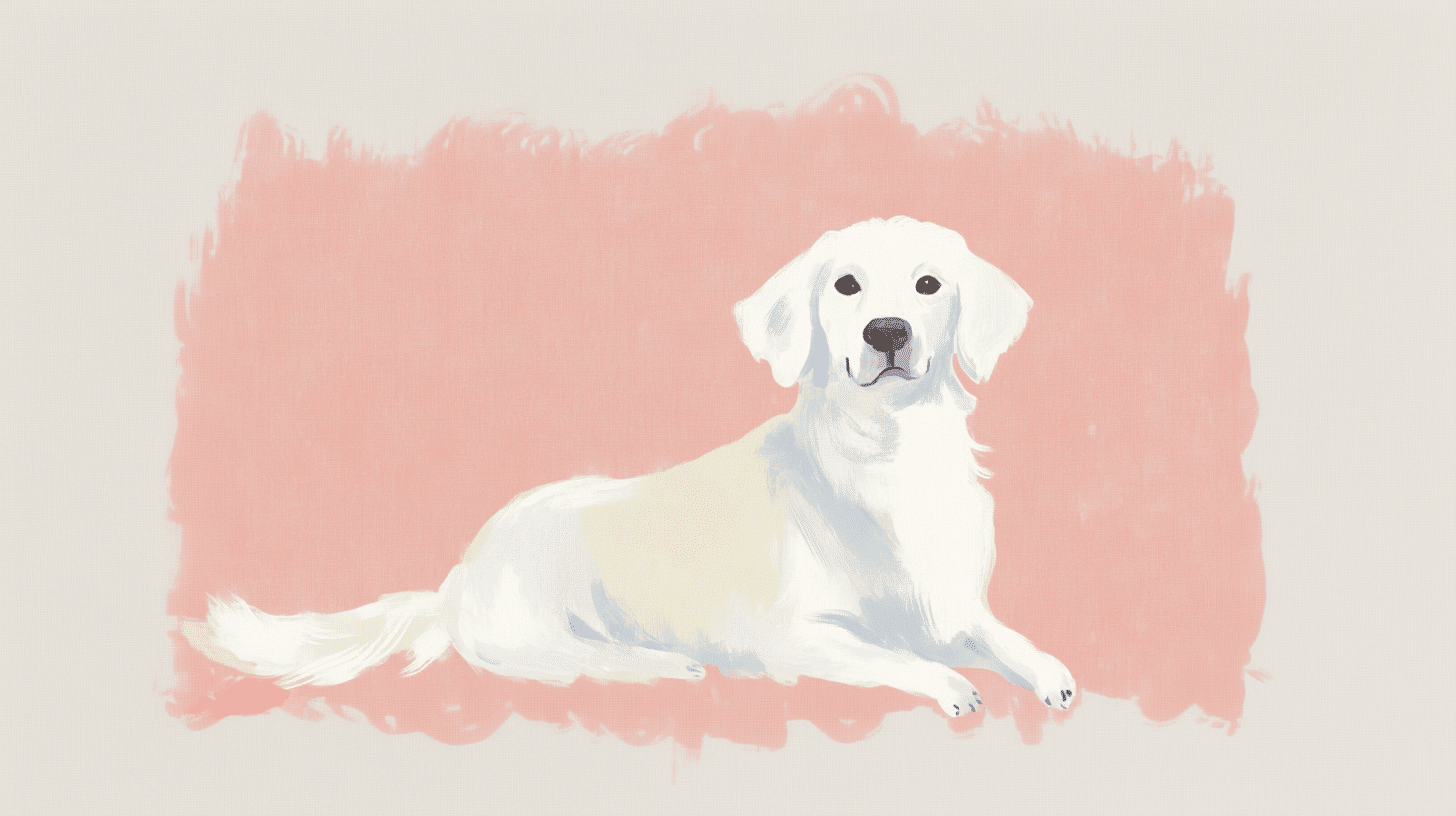 Cute white great pyrenees and Labrador mixed mutt against a pink background